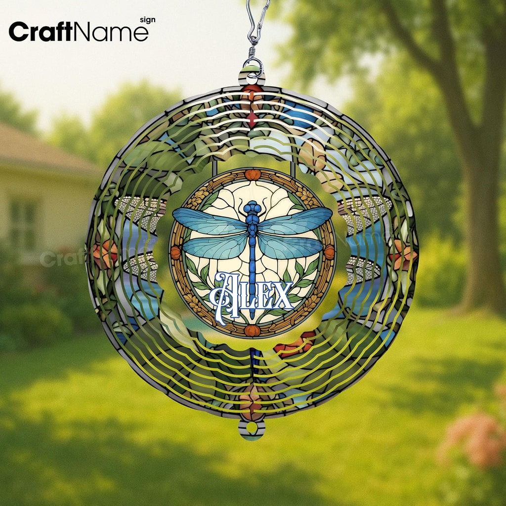 Personalized Dragonfly Wind Spinner 3D Stainless Steel, Dragonfly Garden Spinner Hanging Outdoor Decor, Wind Spinners Outdoor, Custom Gift for Grandmother, Mom, Wife