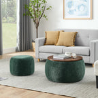 2Pcs Round Storage Ottoman, 2 in 1 Function, Work as End Table and Ottoman，Chenille Storage Ottoman with a Drum Shaped Small Stool Side Table for Living Room Bedroom Entryway Office (Green)