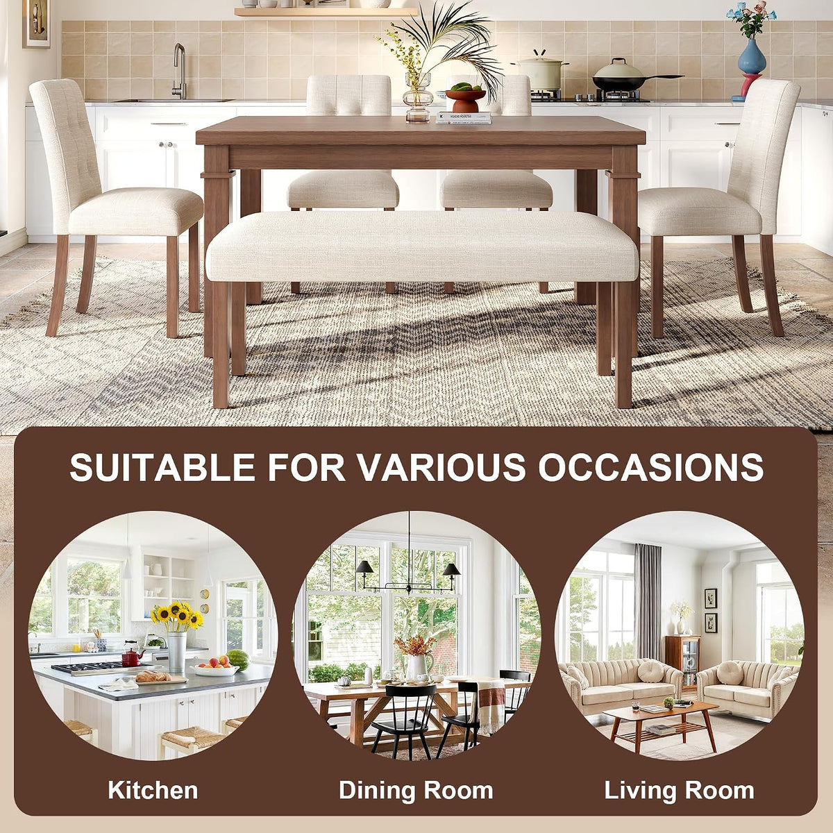 Ball & Cast Dining Table Set for 6 W/Bench & 4 Upholstered Chairs,6 Piece Dining Set W/ 60" Rectangle Kitchen Table & Anti-Scratch Pads,Table and Chairs Set for Living Room,Dining Room,Walnut