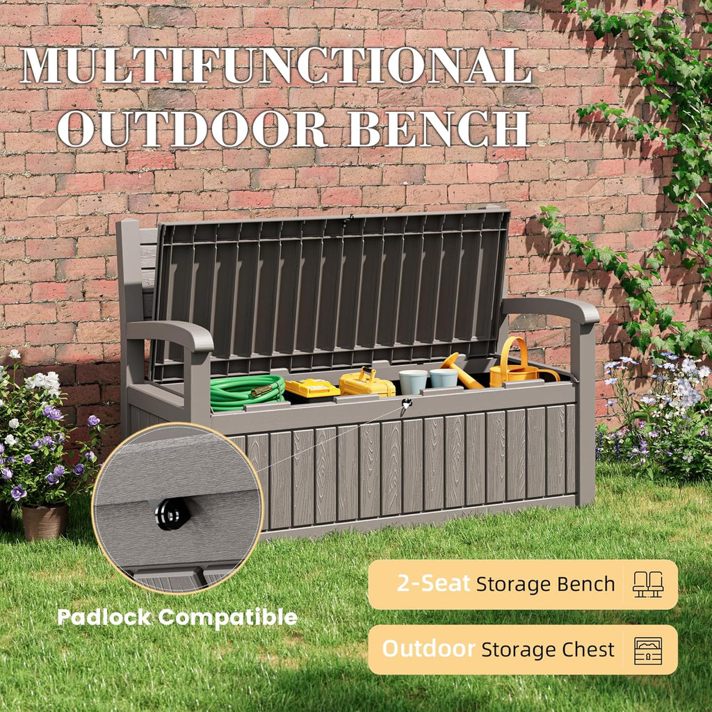 80 Gallon Lockable Deck Bench with Storage, Resin Stripes Outdoor Storage Box, Waterproof Outdoor Porch Bench for Cushions Garden Tools, and Pool Supplies, Grey