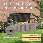 80 Gallon Lockable Deck Bench with Storage, Resin Stripes Outdoor Storage Box, Waterproof Outdoor Porch Bench for Cushions Garden Tools, and Pool Supplies, Grey