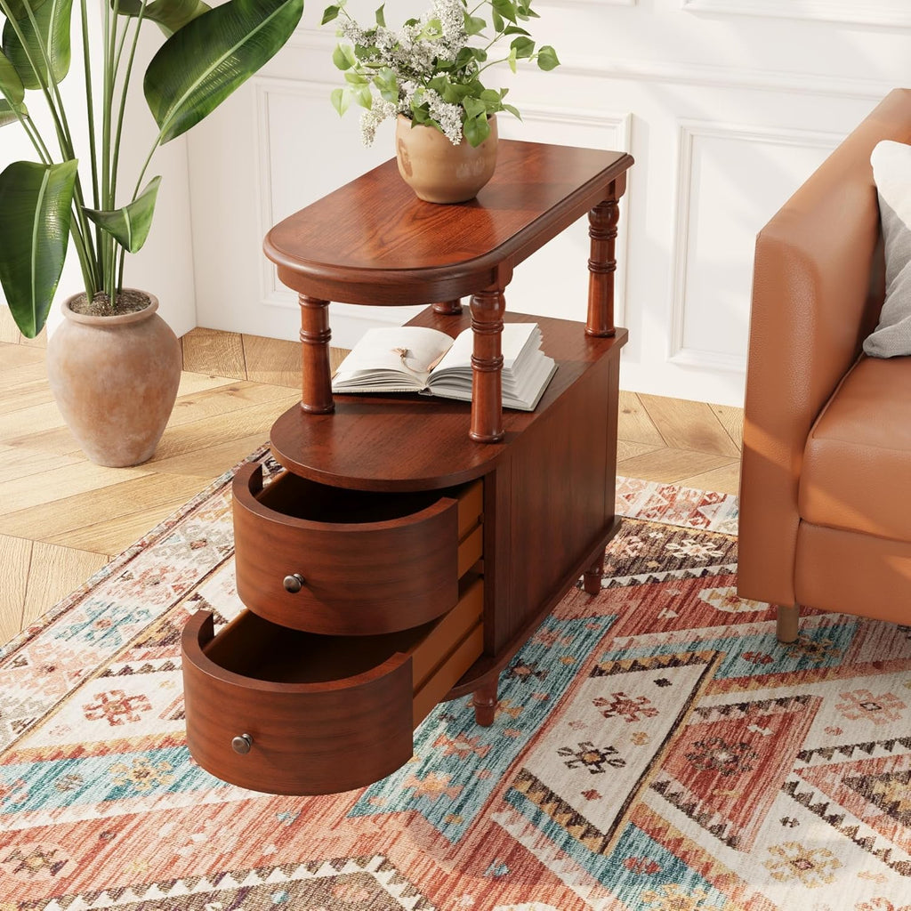 Narrow End Side Table With 2 Drawers and Storage Shelf, Slim Side Tables, Farmhouse Sofa Beside Table- for Small Spaces, Living Room Telephone Tables, Tools-free Assembly, Caramel Brown BG-A508-MG