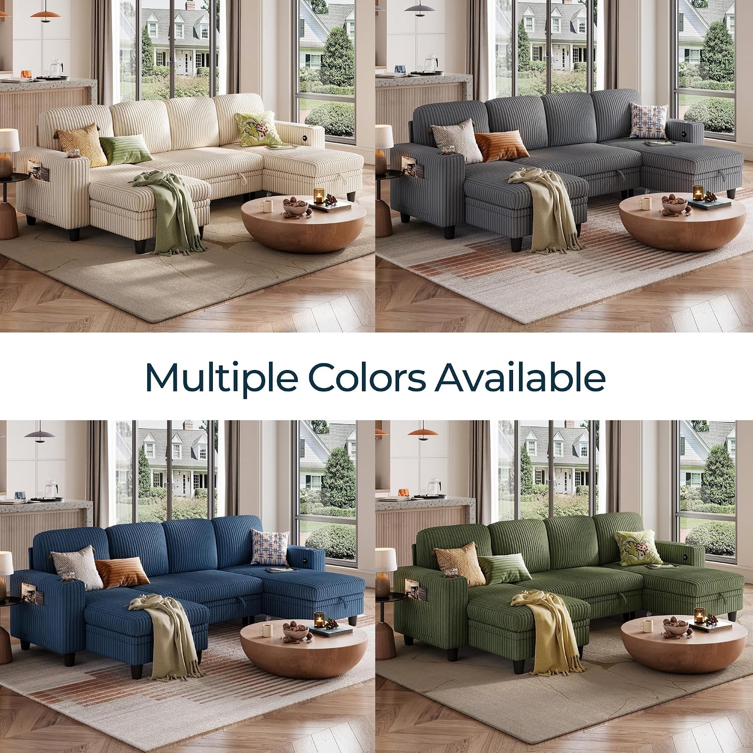 LINSY HOME Sectional Couches for Living Room, 106" U Shape 4 Seats, Blue | Sleeper sofa with pull out couch bed, corduroy couch with storage