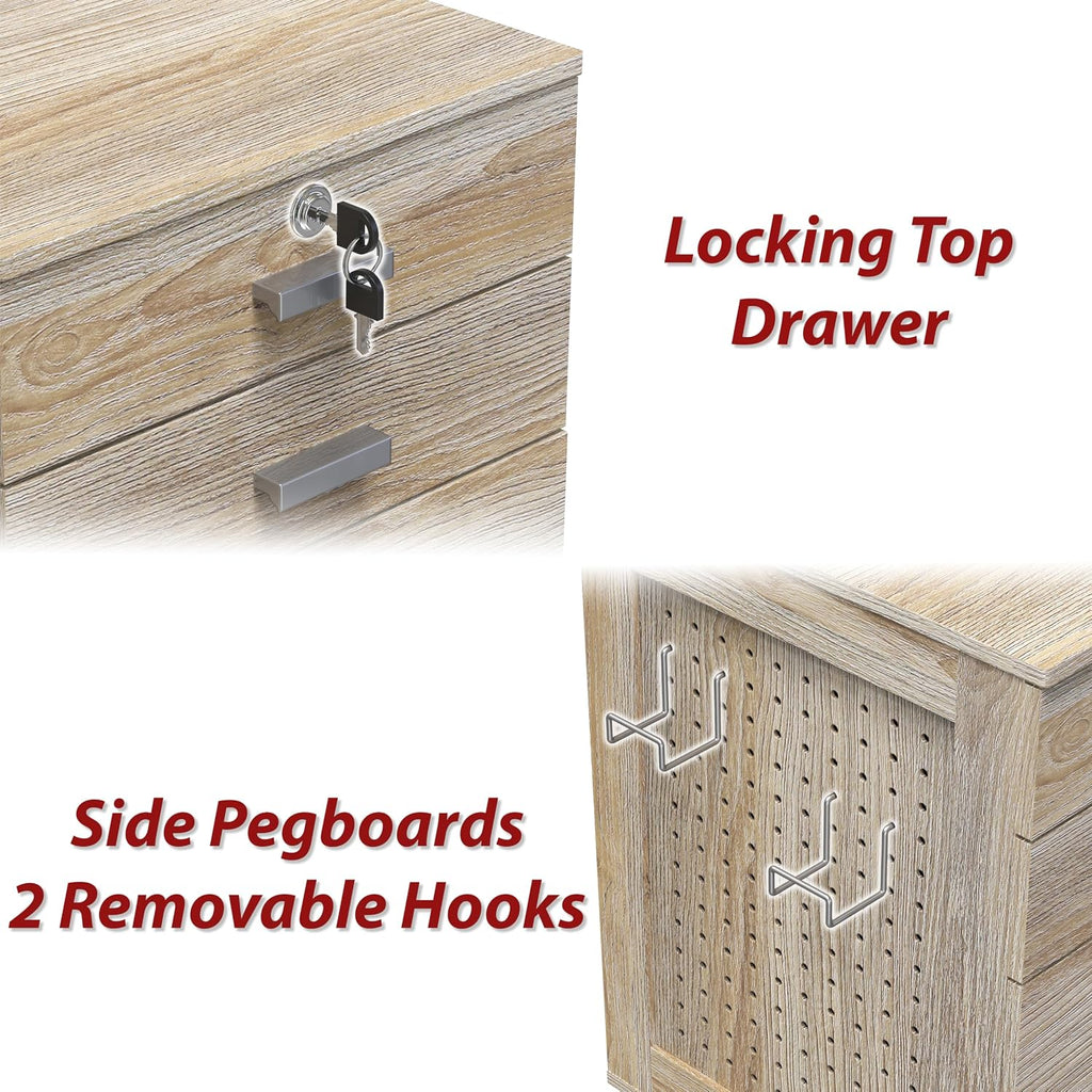 SHW Box File Rolling Mobile Cabinet with Side Pegboard, Maple | Lockable Drawer