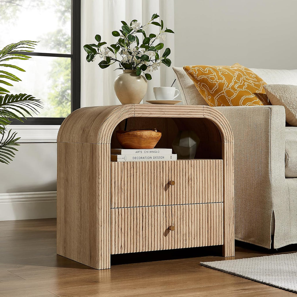 T4TREAM 24" Fluted Nightstand Set of 2 with Charging Station, Natural Oak | 2-Drawer Bedside Table, Modern End Table with Storage for the Bedroom or Living Room, Thickened frame, Rounded Silhouette