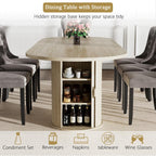 63"-94" Large Oval Extendable Dining Table for 6 8 10, Faux Travertine Expandable Kitchen Table with Fluted Cylindrical Storage Base, Modern Farmhouse Expanding Table for Dinner Party Family Gathering