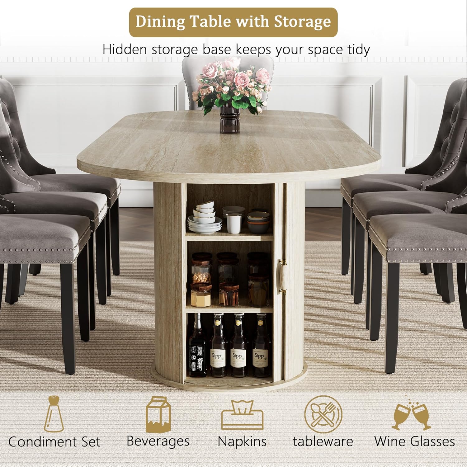 63"-94" Large Oval Extendable Dining Table for 6 8 10, Faux Travertine Expandable Kitchen Table with Fluted Cylindrical Storage Base, Modern Farmhouse Expanding Table for Dinner Party Family Gathering