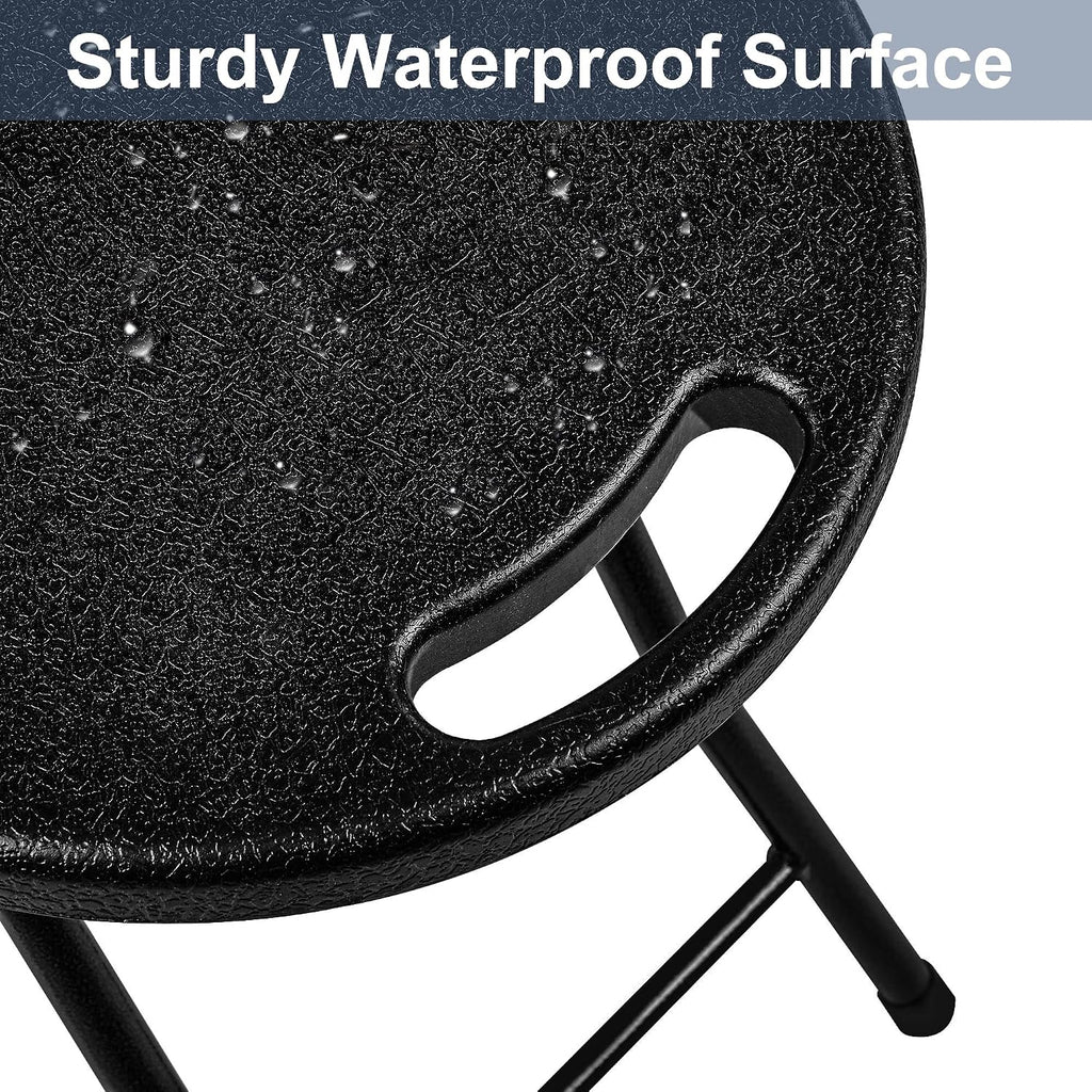 VECELO Folding Stool 18" with Handle, Solid Bottom Support, Iron X-Frame, 500 lbs Capacity, Anti-Slip Feet, Easy Clean, Lightweight Foldable Stool for Camping, Kitchen, Vanity and Outdoor, Black