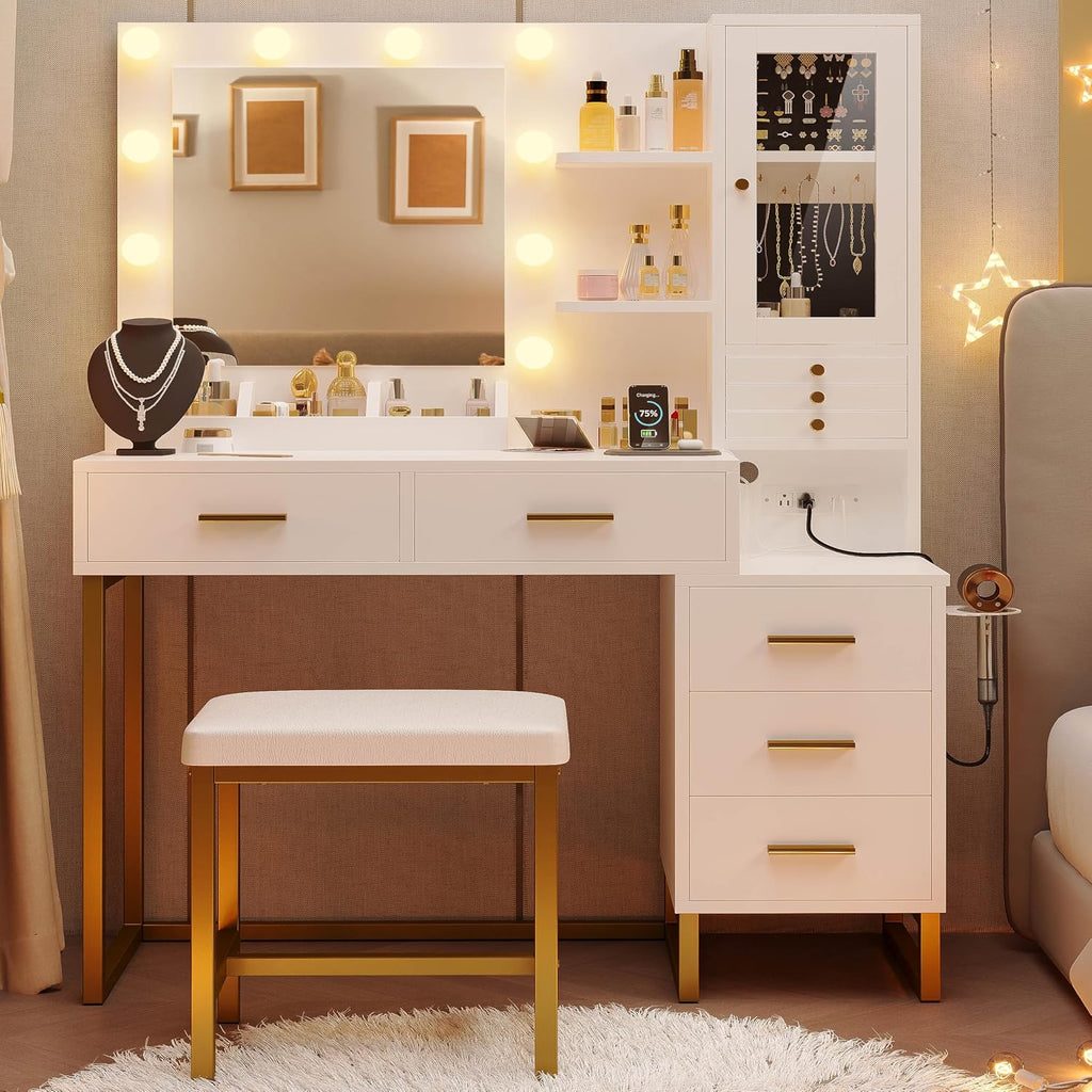 IRONCK Vanity Desk with Mirror and Lights, Jewelry Storage, White & Gold | Makeup Vanity Table with 5 Drawers & Shelves, Power Outlet, Vanity Stool, Dressing Table for Girls Bedroom