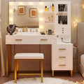 IRONCK Vanity Desk with Mirror and Lights, Jewelry Storage, White & Gold | Makeup Vanity Table with 5 Drawers & Shelves, Power Outlet, Vanity Stool, Dressing Table for Girls Bedroom