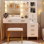 IRONCK Vanity Desk with Mirror and Lights, Jewelry Storage, White & Gold | Makeup Vanity Table with 5 Drawers & Shelves, Power Outlet, Vanity Stool, Dressing Table for Girls Bedroom