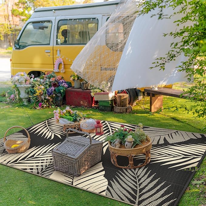 GENIMO Outdoor Rug 4' x 6' Waterproof for Patios Clearance, Reversible Outdoor Plastic Straw Camping Rug Carpet, Large Area Rugs Mats for RV, Camper, Deck, Balcony, Porch, Beach, Picnic, Black&Beige