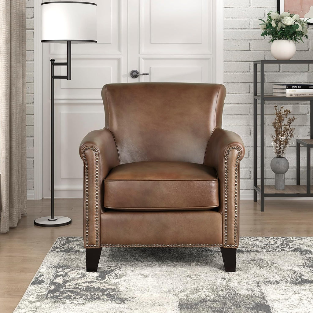 Lexicon Top Grain Genuine Leather Chair, Rolled Armrest, Classic Brown | Living Room Leather Accent Chair, Solid Wood Frame, Nailhead Trim, Comfy Reading Chair for Bedroom, Office