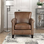 Lexicon Top Grain Genuine Leather Chair, Rolled Armrest, Classic Brown | Living Room Leather Accent Chair, Solid Wood Frame, Nailhead Trim, Comfy Reading Chair for Bedroom, Office
