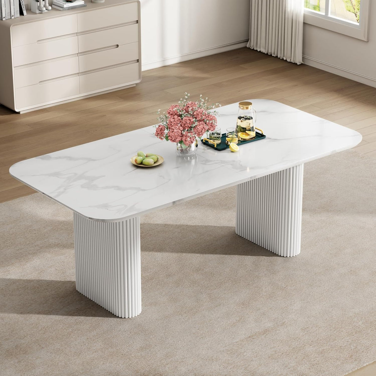Oval Dining Table for 4-8 People, 70" Long Large Kitchen Table with Thick Sturdy Ripple Legs, Modern Spacious Rectangle Accent Dining Room Table for Dining Room/Kitchen/Apartment (Faux Marble&White)