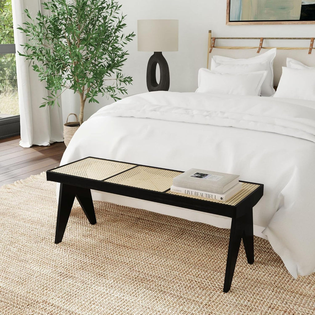 East at Main Black Wood Cane Bench for Entryway, Bedroom, or Living Room – Woven Rattan Seat, Boho Accent Bench for Hallway or Foot of Bed – 45” Long, Easy Assembly