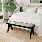 East at Main Black Wood Cane Bench for Entryway, Bedroom, or Living Room – Woven Rattan Seat, Boho Accent Bench for Hallway or Foot of Bed – 45” Long, Easy Assembly