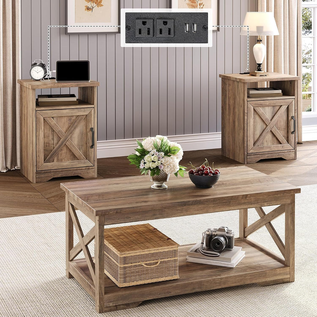 LUXOAK 3 Piece Living Room Table Set with Barn Door, Barnwood | Includes Coffee Table and 2 End Tables, Charging Station &USB Ports, Rustic Farmhouse Style, Living Room Furniture Set