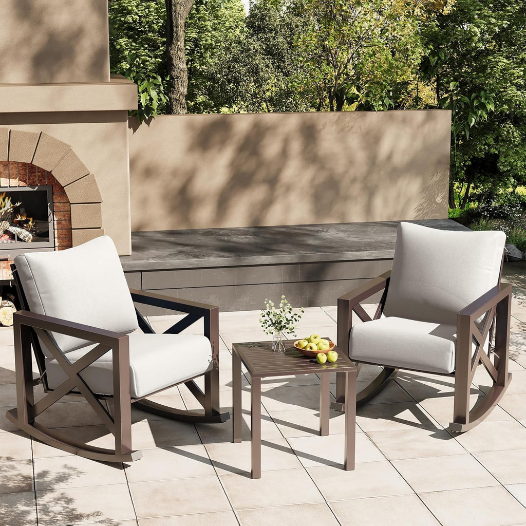 UDPATIO Rocking Chair Outdoor Set 2 with Coffee Table, 3 Piece Metal Rocking Bistro Set with 6.5" Water-Resistant Cushions, Oversized, 350lbs Heavy-Duty, for Porch, Patio, Balcony, Beige