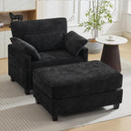 57.5" Oversized Chenille Chair with Movable Ottoman, Black Deep Seat Comfy Upholstered Chaise Lounge Reading Accent Armchair with Side Pocket, Single Sleeper Sofa for Living Room Bedroom Small Space