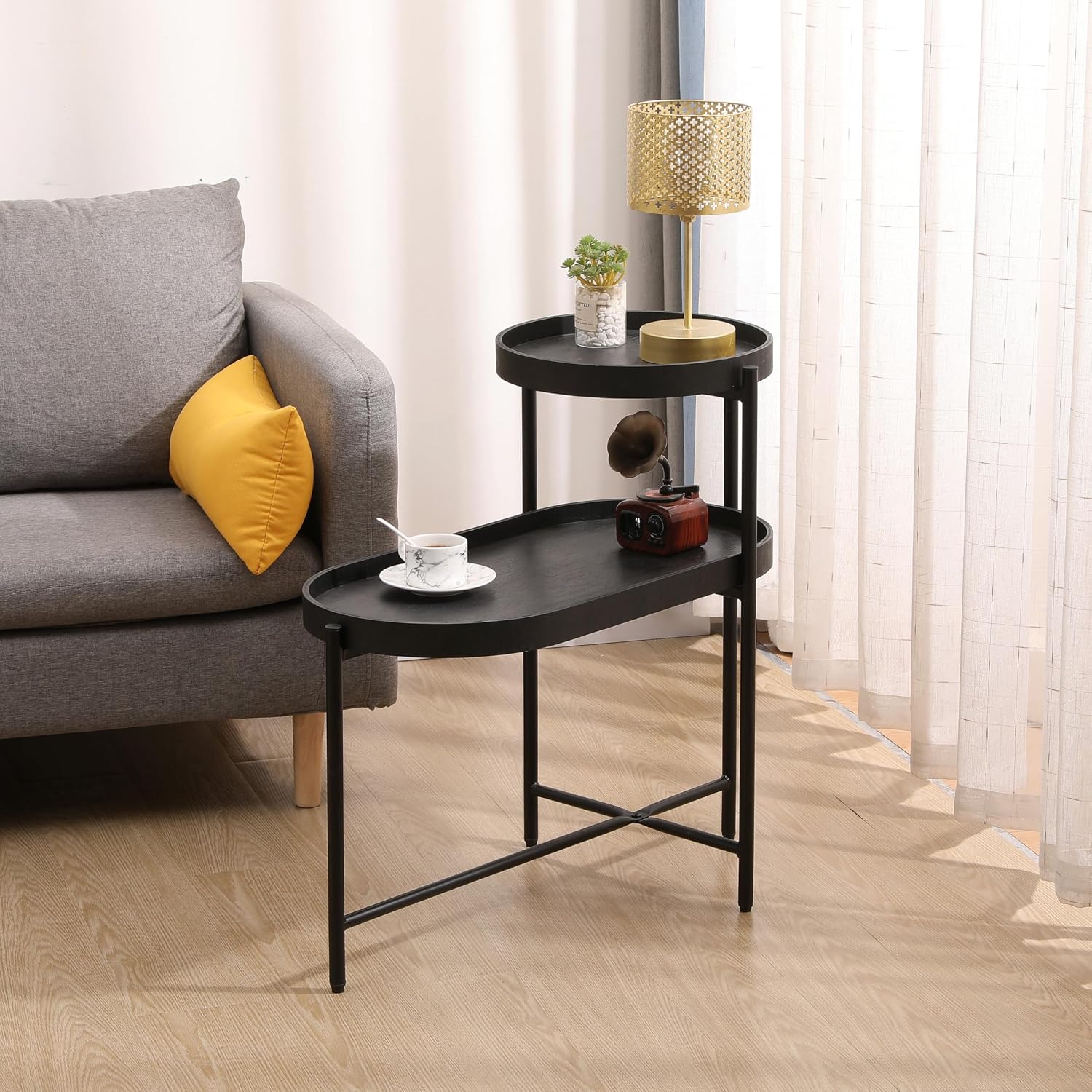 2 Tier Side Table with Storage Shelve Small Sofa Table Modern Metal End Table Coffee Table with Wooden Tray Top, Black