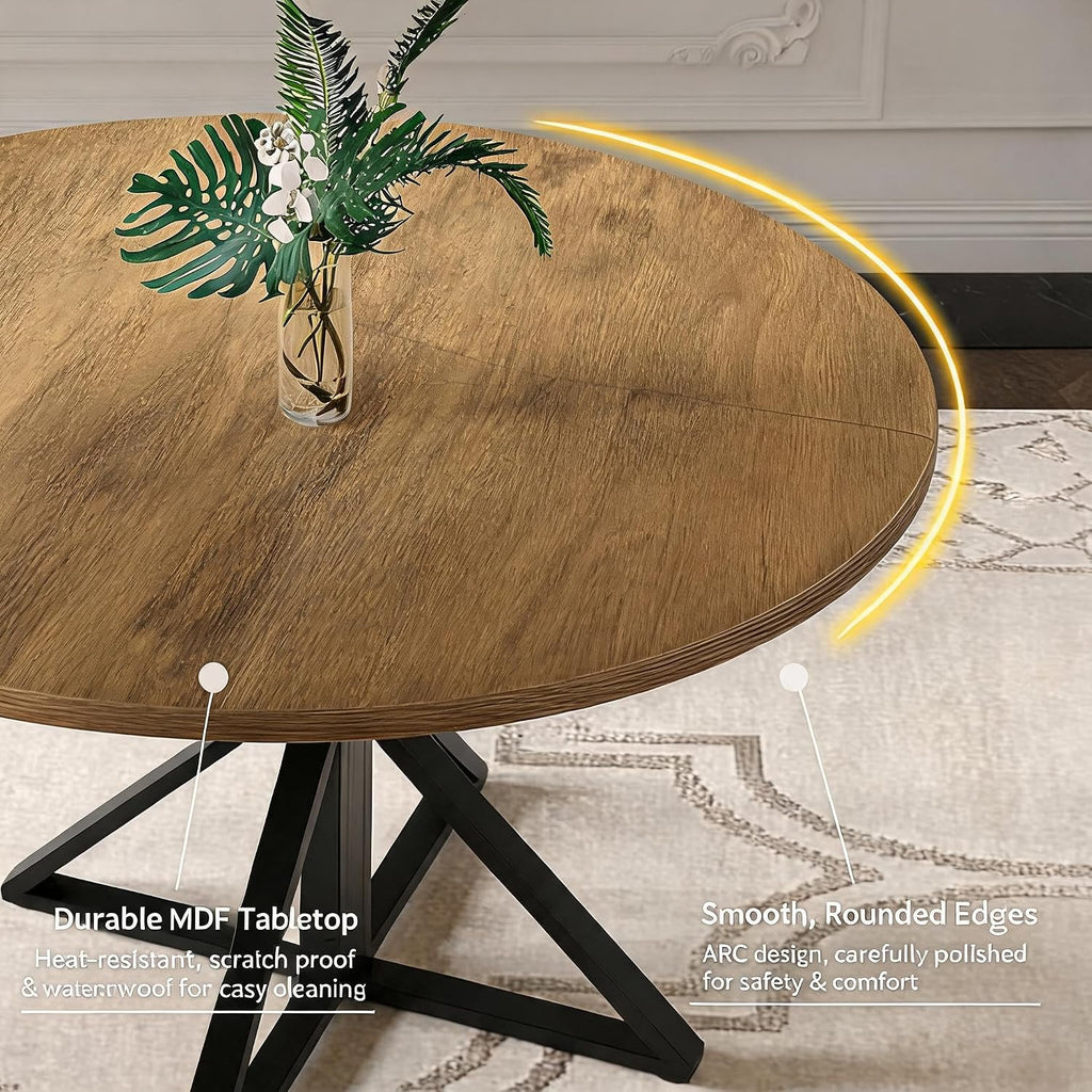 GarveeHome 47 Inch Round Dining Table for 4, Circle Kitchen Table with Pedestal Base, Farmhouse Wooden Dining Table for Small Spaces, Kitchen & Dining Room, Living Room（Brown/Only Table）