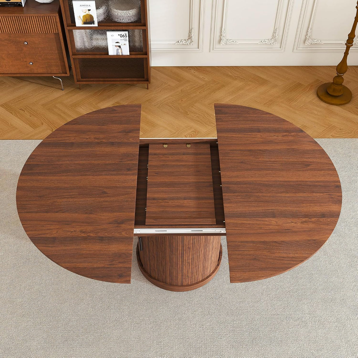 Round Extendable Dining Room Table for 4 6, 47"-59" Oval Expandable Kitchen Table w/Storage Shelf and Drawer, Farmhouse Walnut Space Saving Wood Dinner Tables with Fluted Pedestal Base