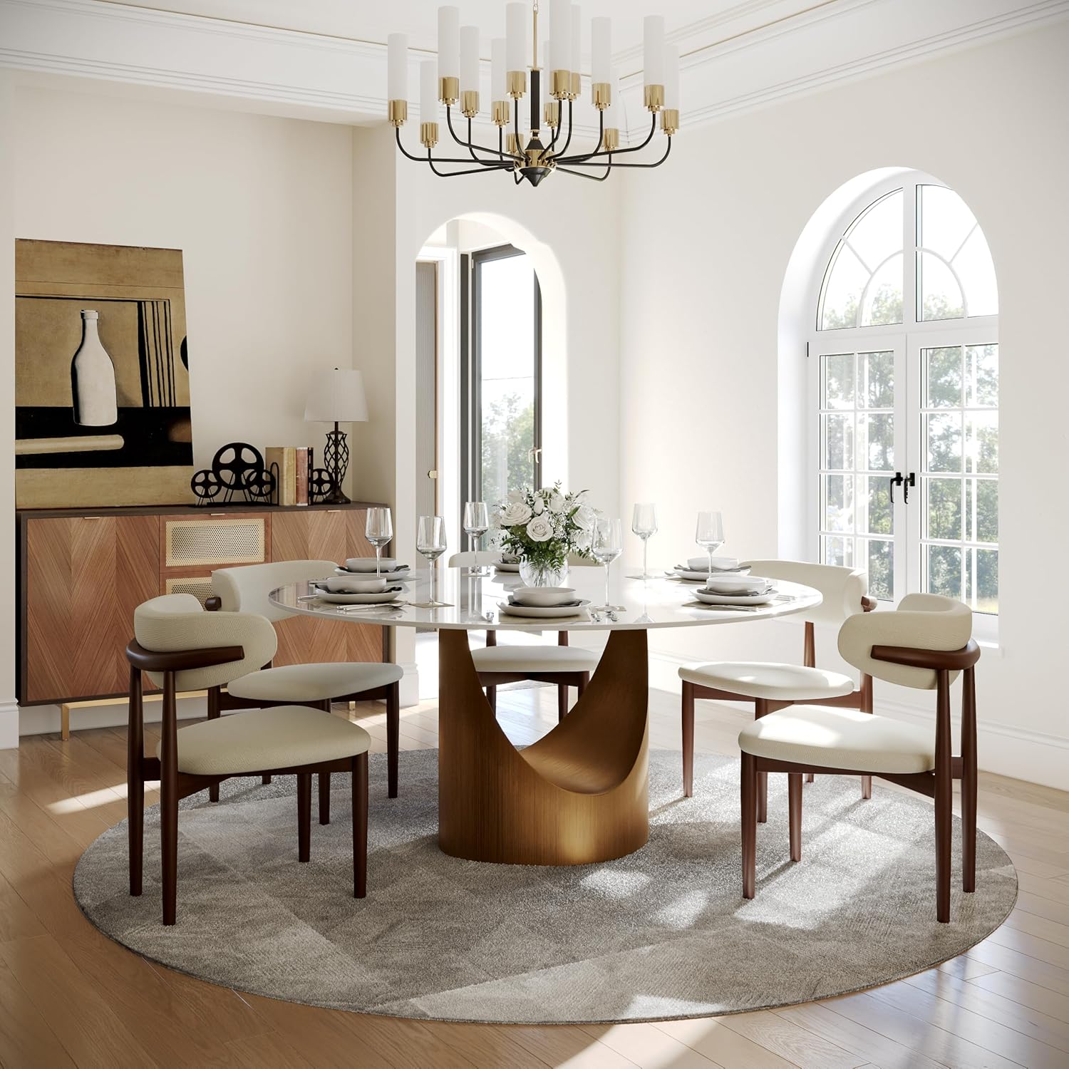 POVISON 59" Round Dining Table for 6, Glossy White Sintered Stone Tabletop | Sintered Stone Dining Tabletop, Carbon Steel Base, Mid Century Kitchen Table for Dining Room, Luxury Dining Table（Table only）