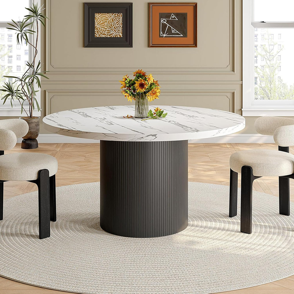 47 Inch Round Dining Table for 4, Circle Kitchen Table with Wood Strip Base, Modern Farmhouse Dinner Tables for Kitchen, Living Room (Marble Texture)