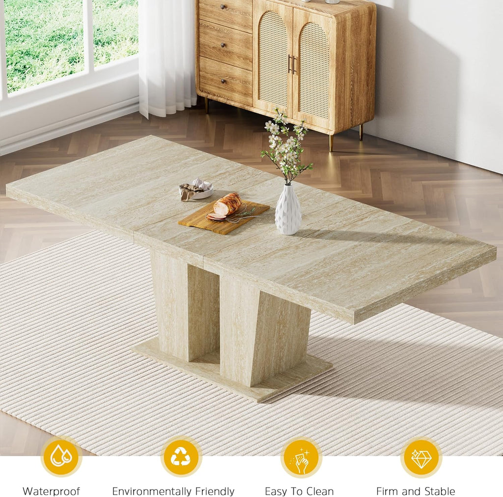 Modern Extendable Dining Table Set for 6, 78.74" Faux Travertine Expandable Table with 6 Beige Velvet Upholstered Chairs, Extendable Dining Room Table Set for 6 for Dinner Party Family Gathering