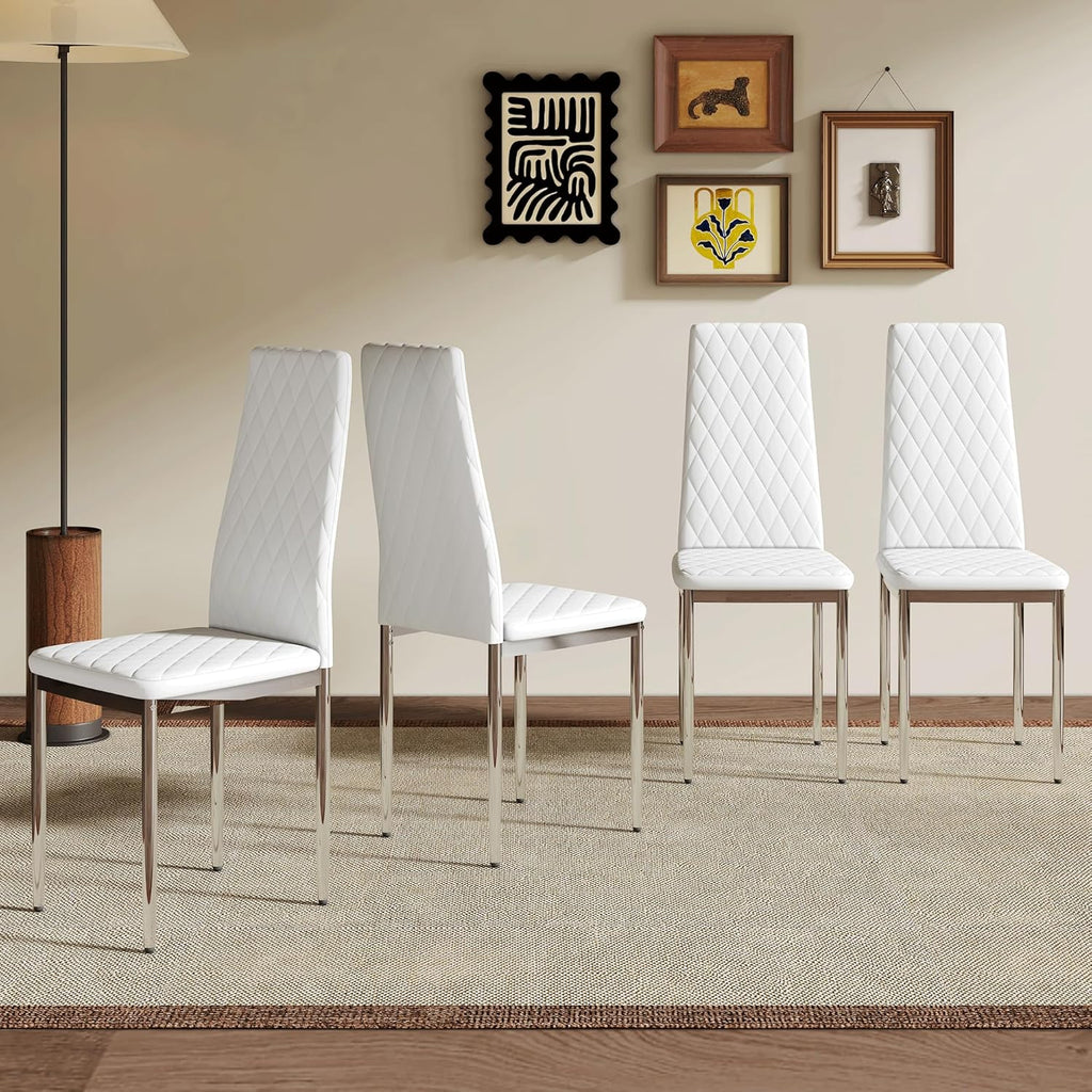 Modern Dining Chairs Set of 4, White PU Leather Kitchen Chairs, Upholstered High Back Chair with Silver Metal Legs for Kitchen, Dining Room, Restaurant