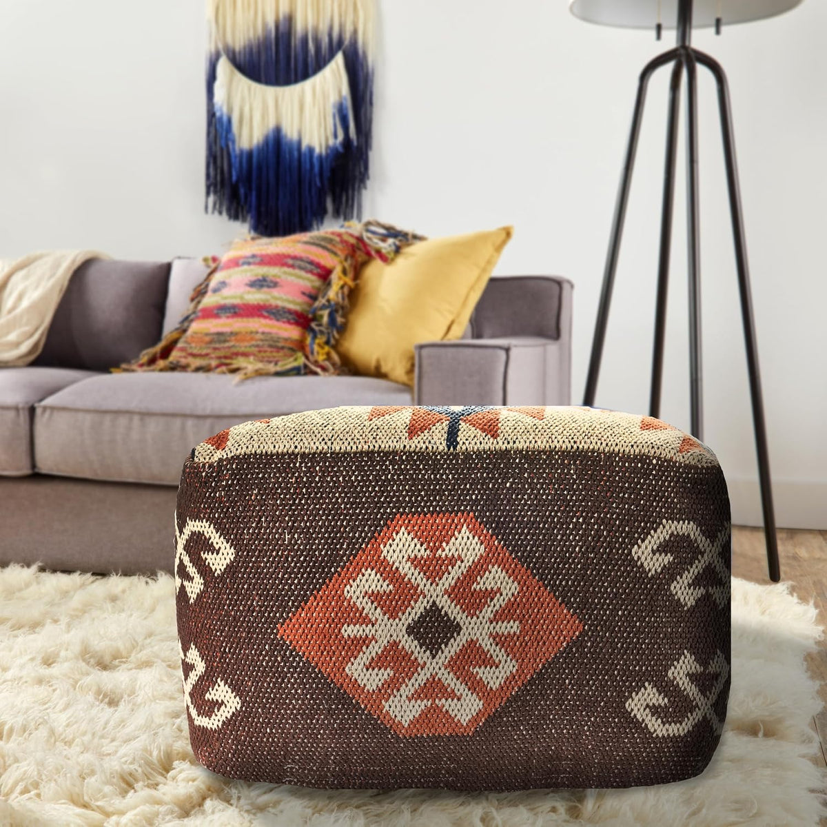 L. R. Resources, Inc. LR Home Handmade Bohemian Brown/Orange Cotton Square Pouf Ottoman for Home Decor | Indoor Foot Rest for Bedroom & Living Room Decor | 18 x 18 x 12 Stuffed Ottoman for Seating