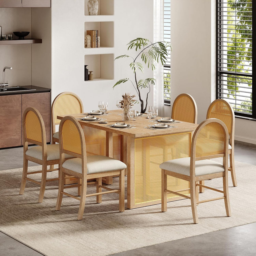 LUMISOL 7-Piece Dining Table Set with 6 Chairs, Rectangular Kitchen Table Set with 6 Rattan Chairs for Kitchen, Dining Room, Natural+Beige