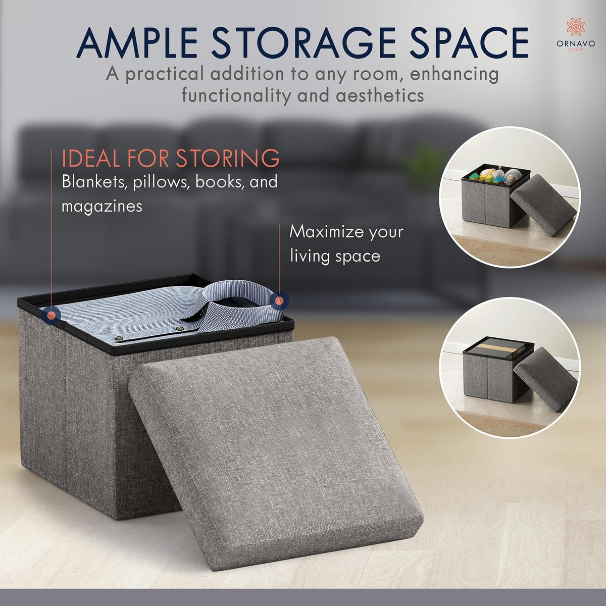 Ornavo Home Small Storage Ottoman Foldable Collapsible Cube Square Linen Ottoman Foot Rest Stool Seat, for Living Room, Bedroom, Home Office, Dorm - 12 x 12 x 12, Dark Gray