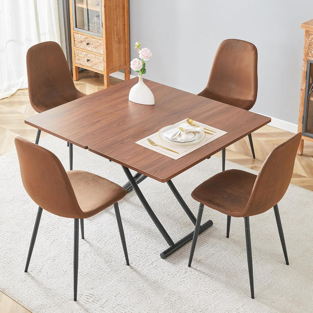Multifunctional Height-Adjustable Folding Table - Coffee to Dining Transformer, Wooden Top & Metal Legs, Modern for Small Spaces (Kitchen/Living) (Walnut)