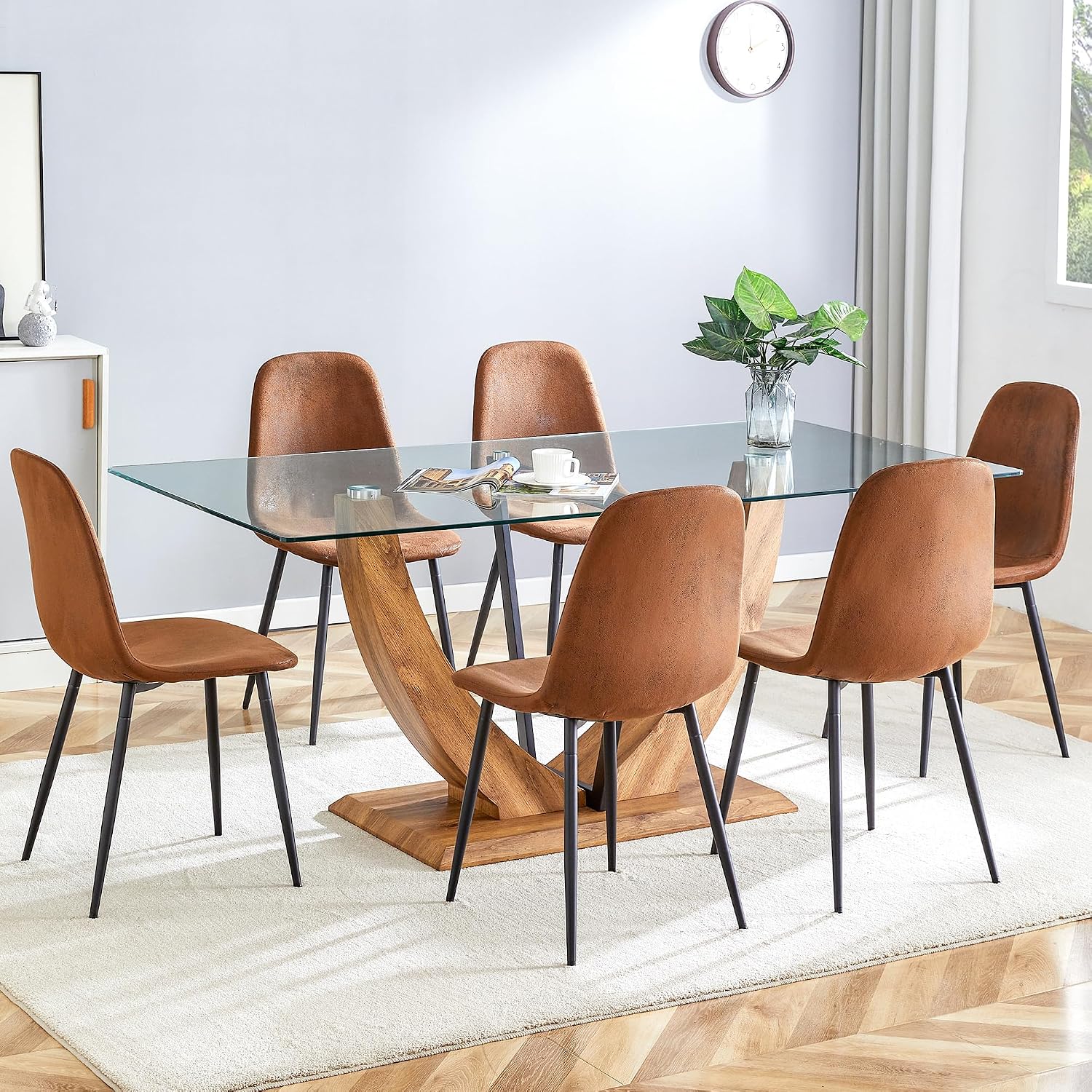 71" Glass Dining Table Set for 6, 7 Piece Dining Table Set,Tempered Glass Table Top with U-Shaped Legs and Fabric Dining Chairs,Ideal for Kitchens, Living Rooms (Brown Chair, 1 Table+6 Chairs)