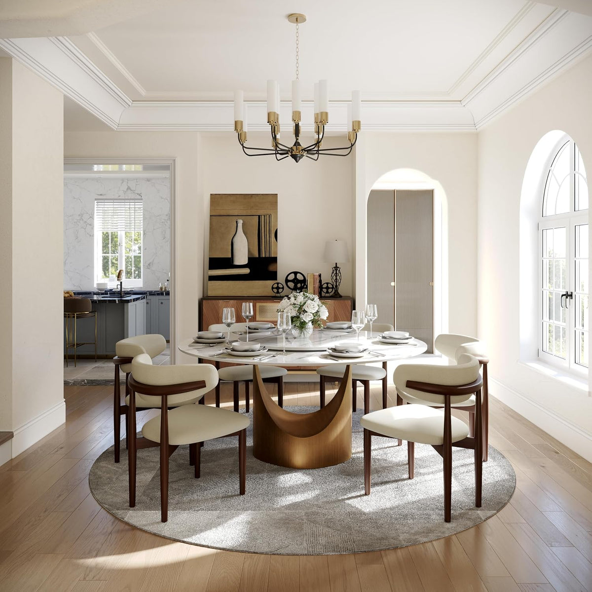 POVISON 59" Round Dining Table for 6 with Lazy Susan, Glossy White Sintered Stone Dining Tabletop with 31" Lazy Susan, Bronze Carbon Steel Pedestal, Modern Dining Table for Living Room (Table Only)