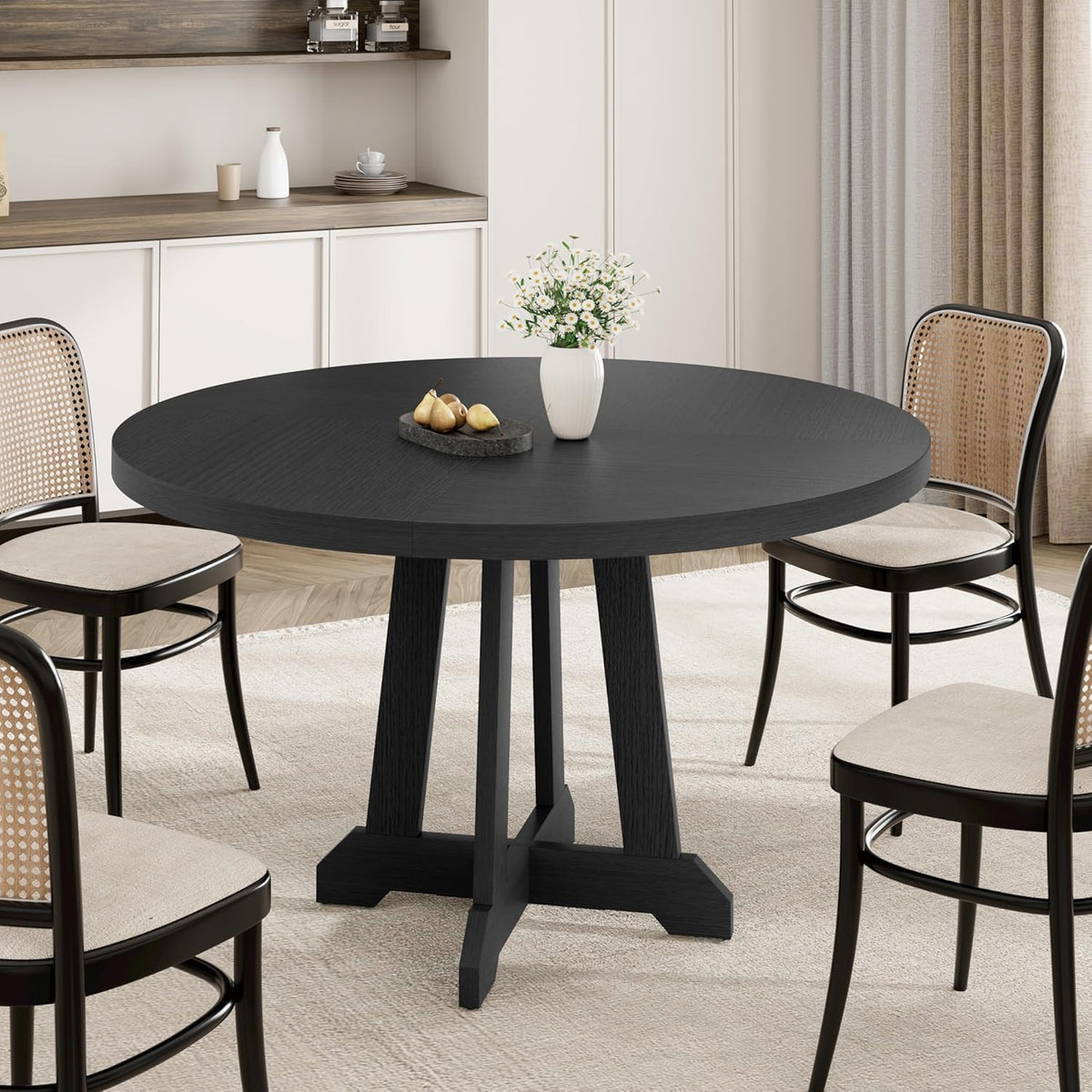 47" Round Dining Table for 4–6 People, Farmhouse Wooden Kitchen Table with Reinforced Legs, Dining Room Table with Adjustable Foot Pads for Home & Restaurant,Black
