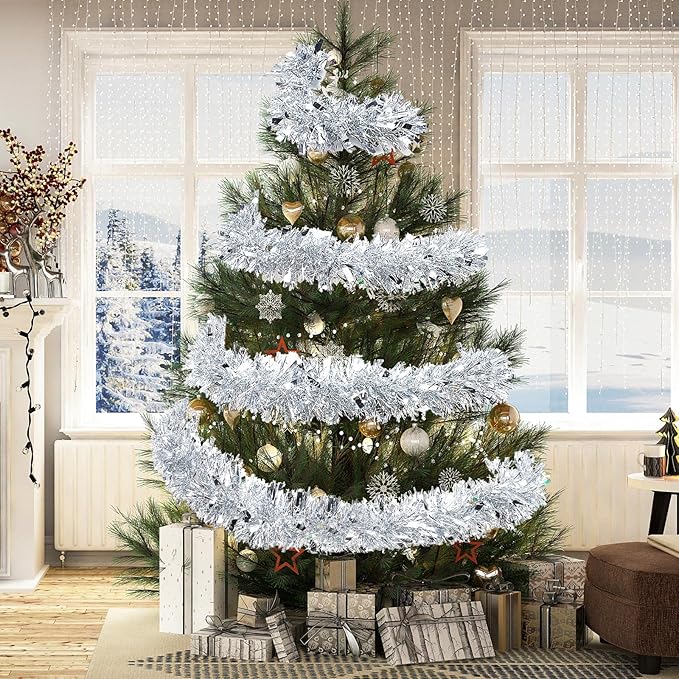72 Feet Christmas Tinsel Garland Shiny Metallic Tinsel Twist Garland Streamers Ornaments Long Glitter Christmas Tree Hanging Decorations for Party Holiday Wedding Birthday Tree Wall Rail (Silver)
