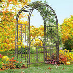 Plow & Hearth Arch Metal Outdoor Garden Arbor Double Gate | Montebello | 7 Feet Tall | Gunmetal Black | Trellis Lattice Climbing Plants