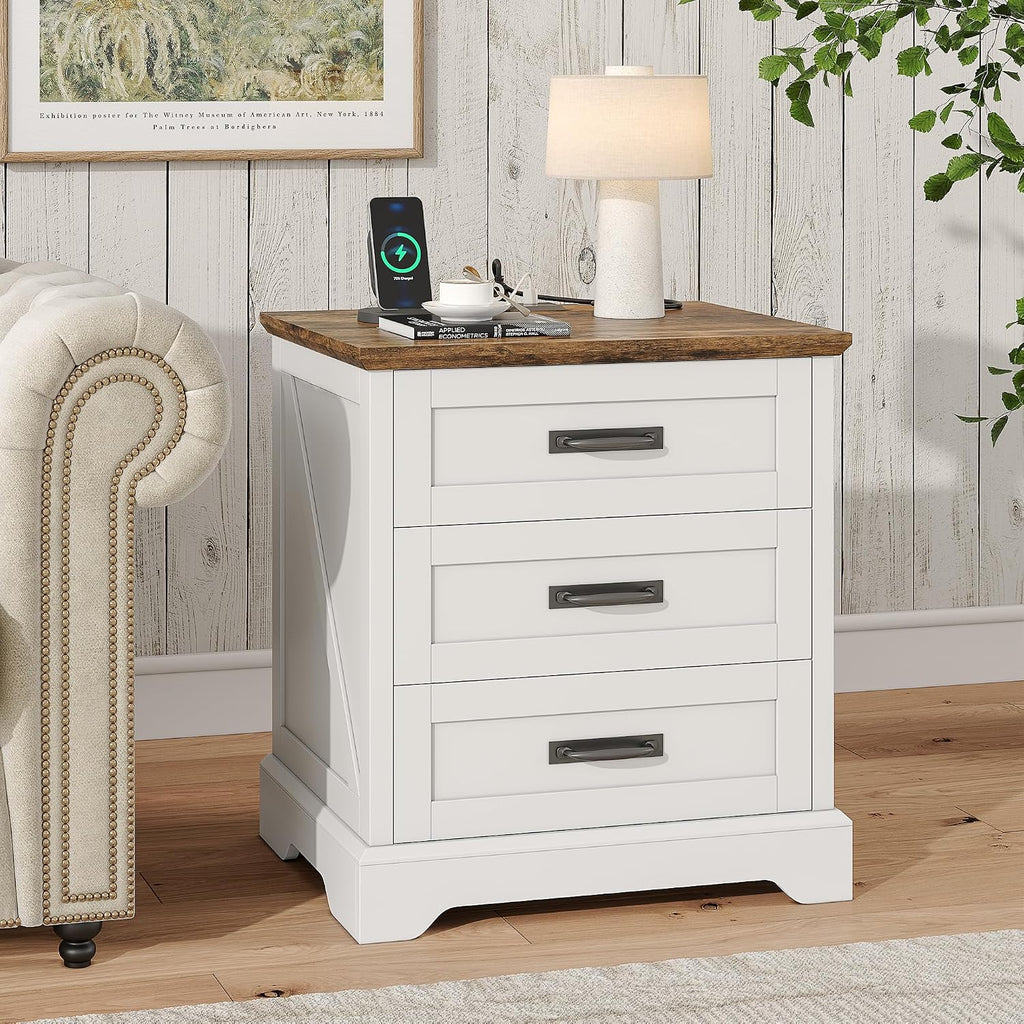 Whalefall 3 Drawers Farmhouse Nightstand with Charging Station, White | 22'' Wide Bedside Table for Bedroom, Large End Table with Storage for Living Room, Wooden Pedestal