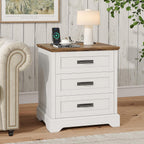 Whalefall 3 Drawers Farmhouse Nightstand with Charging Station, White | 22'' Wide Bedside Table for Bedroom, Large End Table with Storage for Living Room, Wooden Pedestal
