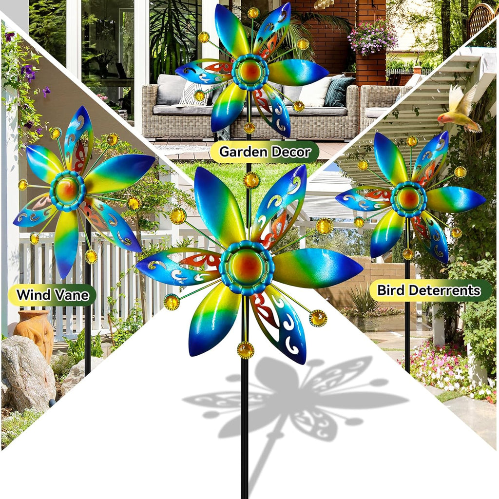 Small Wind Spinner for Outdoor, Kinetic Wind Spinner & Sculpture with Butterfly Cutout Blades & Yellow Acrylic Beads, Decorative Windmill Metal Yard Art for Patio, Lawn & Flower Bed