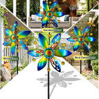 Small Wind Spinner for Outdoor, Kinetic Wind Spinner & Sculpture with Butterfly Cutout Blades & Yellow Acrylic Beads, Decorative Windmill Metal Yard Art for Patio, Lawn & Flower Bed