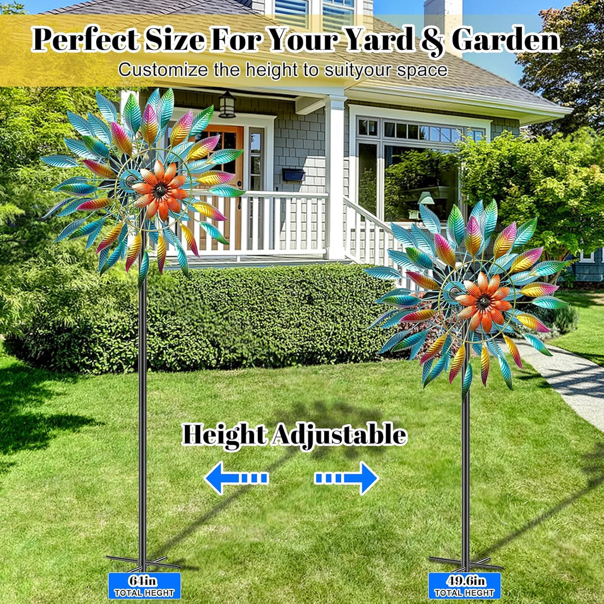 64in Wind Spinners Outdoor, Garden Wind Spinner Windmill with 5 Prong Base Stand, Metal Pinwheels for Yard Lawn Yard Art Outdoor Decor(A-Colorful)