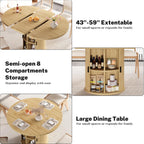 Vipbear Extendable Dining Table 43-59" for 4-6 People, Solid Wood Top with Fluted Slide Door & 8-Compartment Storage, Space Saving Round Dining Room Kitchen Dinner Tables Furniture with Pedestal Base