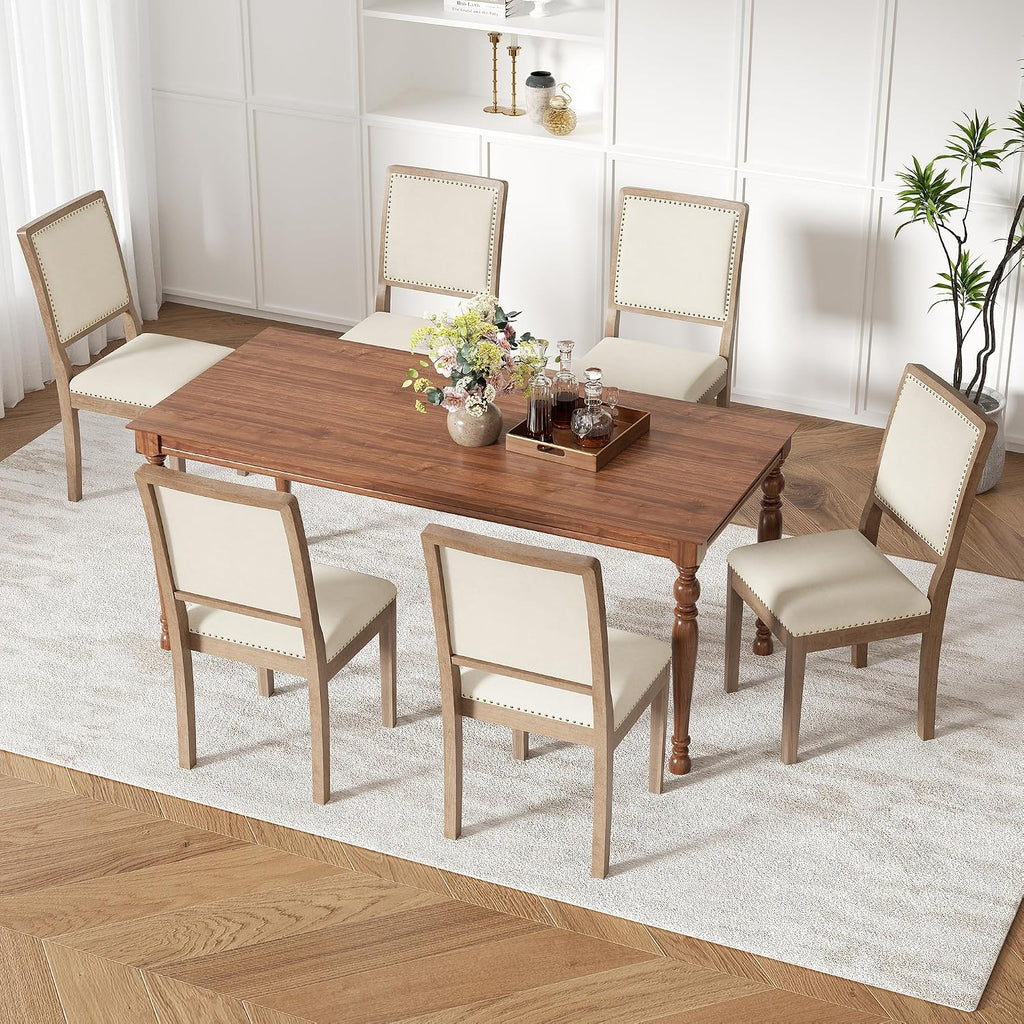 Dining Chair Set of 6, Mid Century Modern Upholstered Dining Room Chairs, Fabric High Back Kitchen Chairs with Nailhead Trim and Wood Legs for Living Room Kitchen Restaurant, Beige