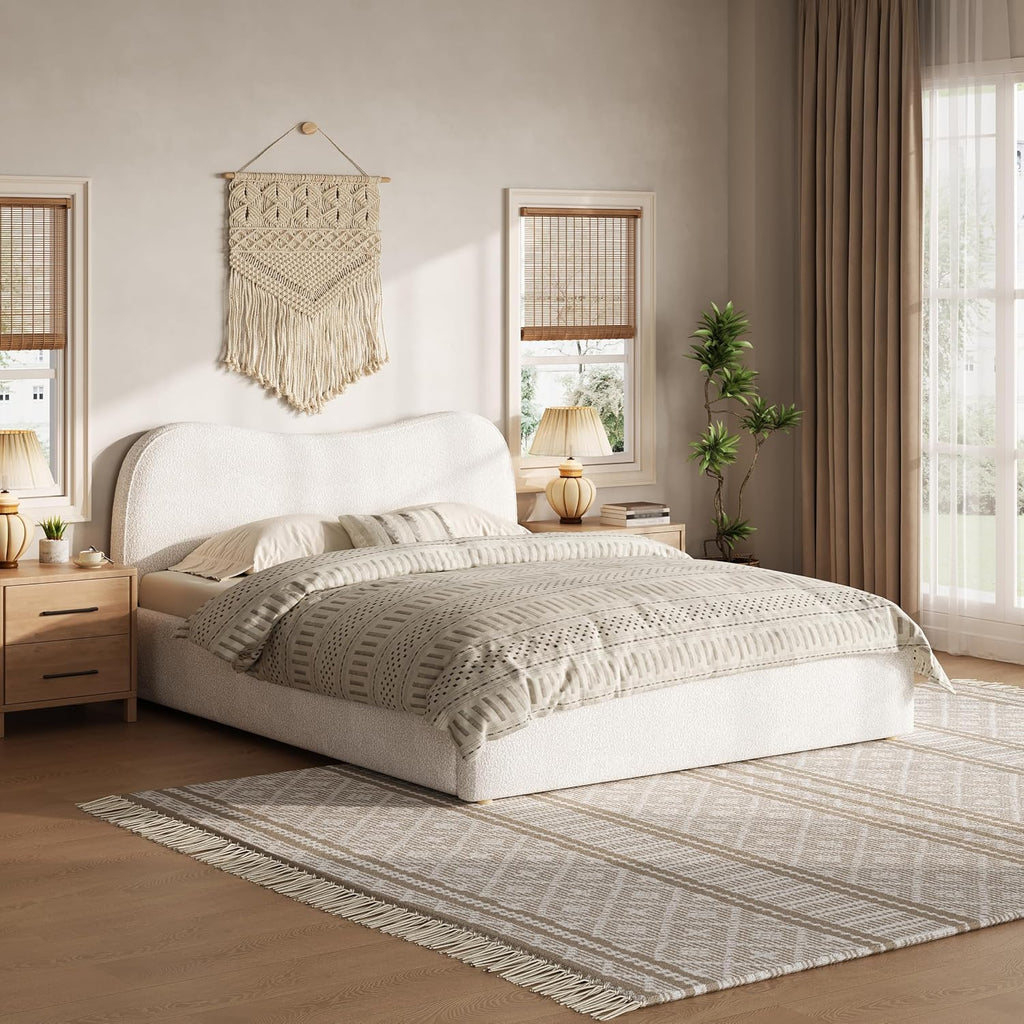 SOFTSEA Queen Size Cloud Bed Frame with Headboard, Boucle Upholstered Platform Bed Frame with Soft Rounded Corners, Wood Slat Support, No Box Spring Needed, Noise-Free, White