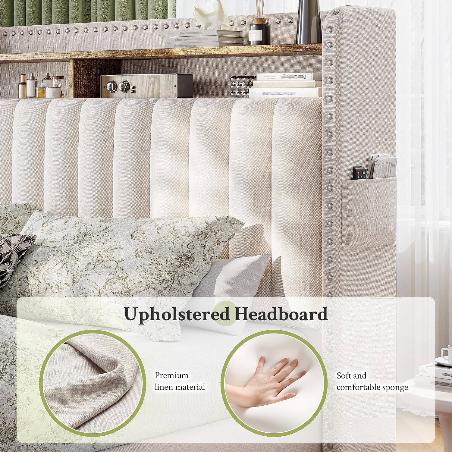 EnHomee King Size Bed Frame with 2 Drawer & 2-Tier Storage Headboard Shelf