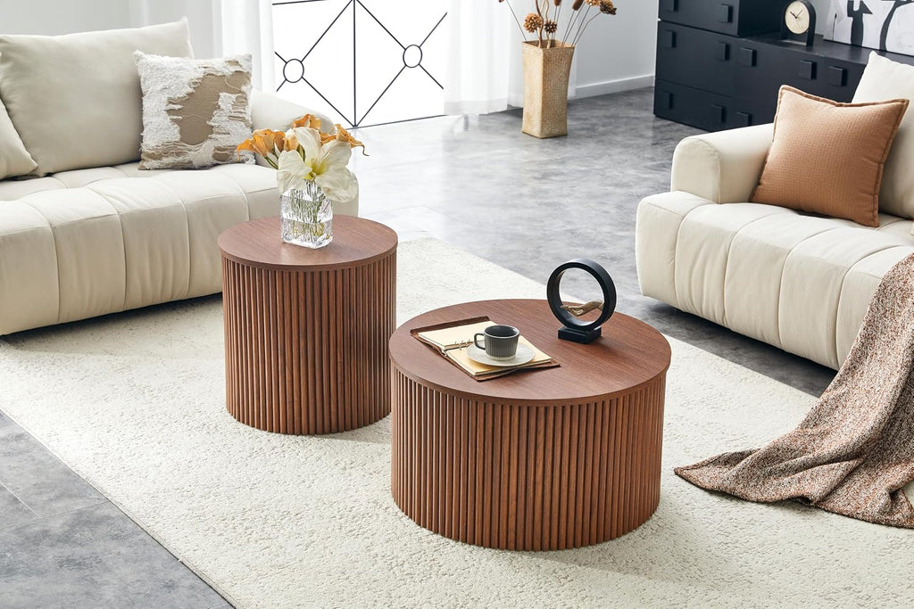 KEIKI Round Nesting Coffee Table Set of 2, Roman Wood Center Table & End Table Set with Built-in Storage, Modern Accent Tables for Small Space Living Room Bedroom, No Assembly, Brown